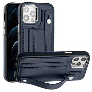 For iPhone 12 Pro Max Shockproof Leather Phone Case with Wrist Strap(Blue)