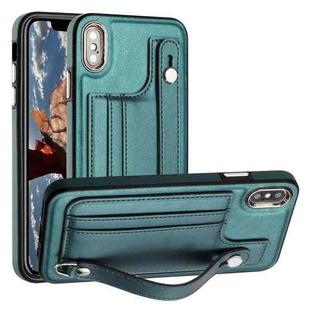 For iPhone XS Max Shockproof Leather Phone Case with Wrist Strap(Green)
