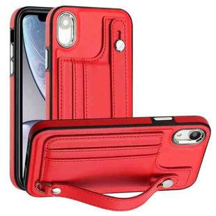 For iPhone XR Shockproof Leather Phone Case with Wrist Strap(Red)