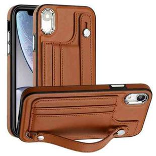 For iPhone XR Shockproof Leather Phone Case with Wrist Strap(Brown)