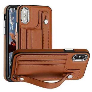 For iPhone X / XS Shockproof Leather Phone Case with Wrist Strap(Brown)