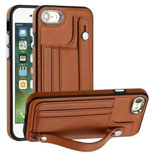 For iPhone SE 2022/SE 2020/6/7/8 Shockproof Leather Phone Case with Wrist Strap(Brown)