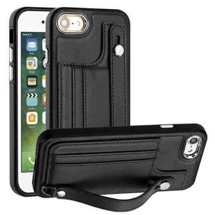 For iPhone SE 2022/SE 2020/6/7/8 Shockproof Leather Phone Case with Wrist Strap(Black)