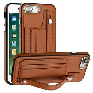 For iPhone 6 Plus/7 Plus/8 Plus Shockproof Leather Phone Case with Wrist Strap(Brown)
