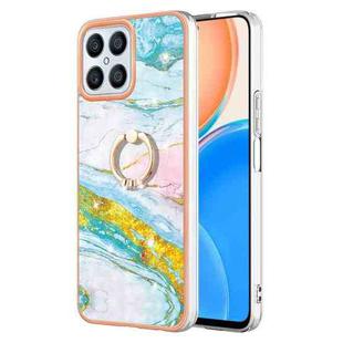For Honor X8 4G Electroplating Marble IMD TPU Phone Case with Ring Holder(Green 004)