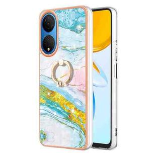 For Honor X7 Electroplating Marble IMD TPU Phone Case with Ring Holder(Green 004)