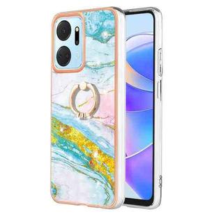 For Honor X7a Electroplating Marble IMD TPU Phone Case with Ring Holder(Green 004)