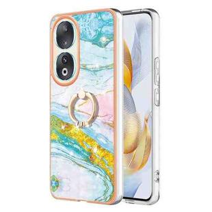For Honor 90 5G Electroplating Marble IMD TPU Phone Case with Ring Holder(Green 004)