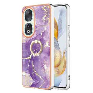 For Honor 90 5G Electroplating Marble IMD TPU Phone Case with Ring Holder(Purple 002)