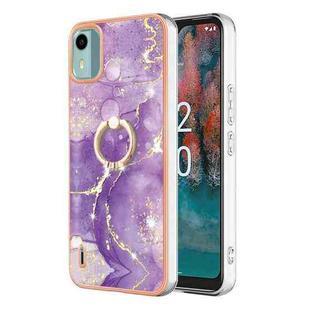 For Nokia C12 Electroplating Marble IMD TPU Phone Case with Ring Holder(Purple 002)