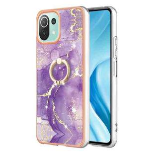 For Xiaomi Mi 11 Lite Electroplating Marble IMD TPU Phone Case with Ring Holder(Purple 002)