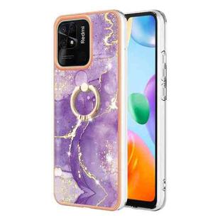 For Xiaomi Redmi 10C Electroplating Marble IMD TPU Phone Case with Ring Holder(Purple 002)