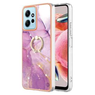 For Xiaomi Redmi Note 12 4G Global Electroplating Marble IMD TPU Phone Case with Ring Holder(Purple 001)