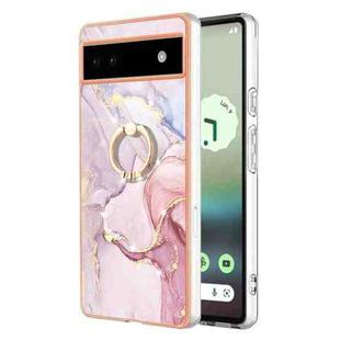 For Google Pixel 6a Electroplating Marble IMD TPU Phone Case with Ring Holder(Rose Gold 005)