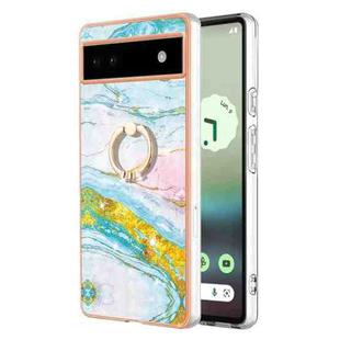 For Google Pixel 6a Electroplating Marble IMD TPU Phone Case with Ring Holder(Green 004)