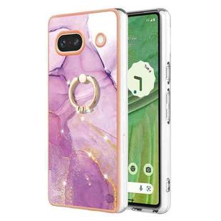 For Google Pixel 7a Electroplating Marble IMD TPU Phone Case with Ring Holder(Purple 001)