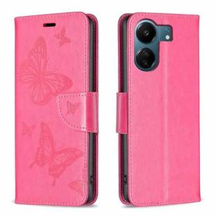 For Xiaomi Redmi 13C Two Butterflies Embossing Leather Phone Case(Rose Red)