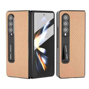 For Samsung Galaxy Z Fold3 5G Carbon Fiber Texture Integrated Protective Phone Case with Holder(Gold)