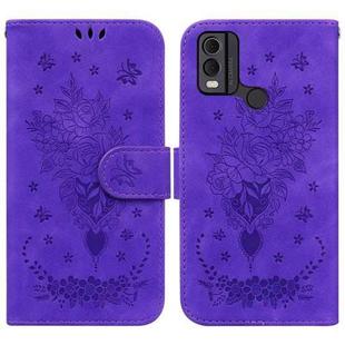 For Nokia C32 Butterfly Rose Embossed Leather Phone Case(Purple)