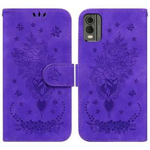 For Nokia C32 Butterfly Rose Embossed Leather Phone Case(Purple)