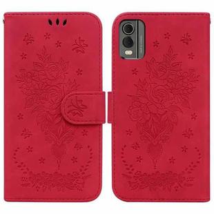 For Nokia C32 Butterfly Rose Embossed Leather Phone Case(Red)