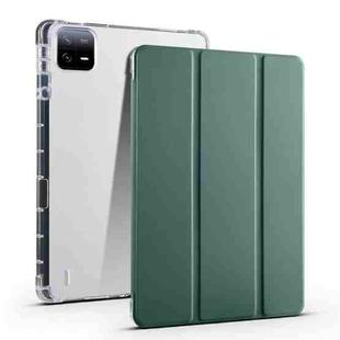 For Xiaomi Pad 7 / 7 Pro 3-fold Clear TPU Smart Leather Tablet Case with Pen Slot(Dark Green)