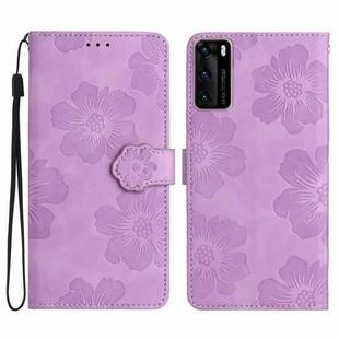 For Huawei P40 Flower Embossing Pattern Leather Phone Case(Purple)