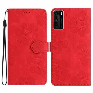 For Huawei P40 Flower Embossing Pattern Leather Phone Case(Red)