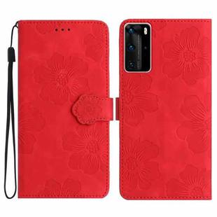 For Huawei P40 Pro Flower Embossing Pattern Leather Phone Case(Red)