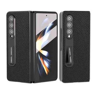 For Samsung Galaxy Z Fold3 5G Integrated Genuine Leather Litchi Texture Phone Case with Holder(Black)