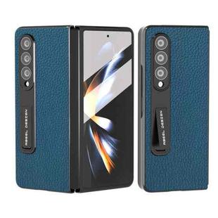 For Samsung Galaxy Z Fold4 5G Integrated Genuine Leather Litchi Texture Phone Case with Holder(Blue)