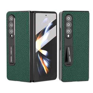 For Samsung Galaxy Z Fold4 5G Integrated Genuine Leather Litchi Texture Phone Case with Holder(Green)