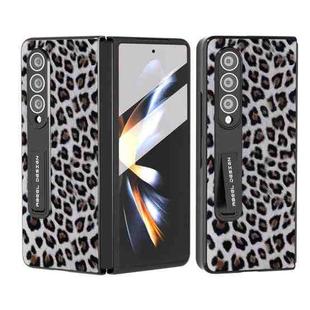 For Samsung Galaxy Z Fold4 5G Integrated Black Edge Leopard Phone Case with Holder(Silver)