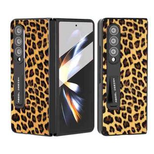 For Samsung Galaxy Z Fold4 5G Integrated Black Edge Leopard Phone Case with Holder(Champagne Gold)