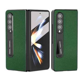 For Samsung Galaxy Z Fold3 5G Integrated Black Edge Genuine Leather Mino Phone Case with Holder(Green)