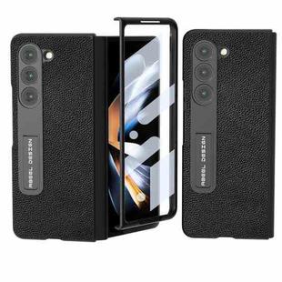 For Samsung Galaxy Z Fold5 ABEEL Integrated Black Edge Genuine Leather Mino Phone Case with Holder(Black)