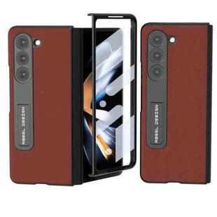 For Samsung Galaxy Z Fold5 ABEEL Integrated Genuine Silky Soft Black Edge Phone Case with Holder(Coffee)