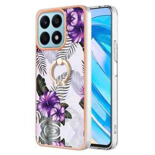 For Honor X8a Electroplating IMD TPU Phone Case with Ring(Purple Flower)