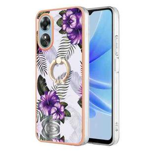 For OPPO A17 Electroplating IMD TPU Phone Case with Ring(Purple Flower)