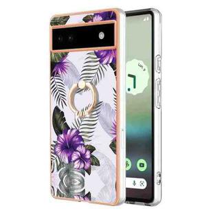 For Google Pixel 6a Electroplating IMD TPU Phone Case with Ring(Purple Flower)