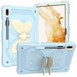 For Samsung Galaxy Tab S8+ / S7+ Butterfly Kickstand Heavy Duty Hard Rugged Tablet Case(Beige+Ice Blue)