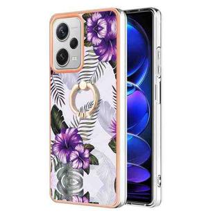 For Xiaomi Redmi Note 12 Pro+ Global Electroplating IMD TPU Phone Case with Ring(Purple Flower)