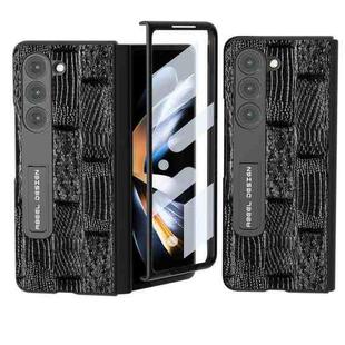 For Samsung Galaxy Z Fold5 ABEEL Integrated Genuine Leather Mahjong Texture Series Phone Case with Holder(Black)