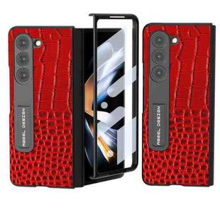 For Samsung Galaxy Z Fold5 ABEEL Integrated Genuine Leather Crocodile Pattern Phone Case with Holder(Red)