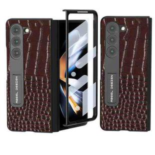 For Samsung Galaxy Z Fold5 ABEEL Integrated Genuine Leather Crocodile Pattern Phone Case with Holder(Coffee)