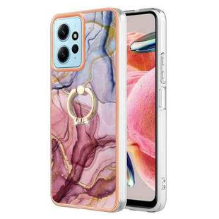 For Xiaomi Redmi Note 12 4G Global Electroplating Marble Dual-side IMD Phone Case with Ring(Rose Red 014)
