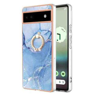 For Google Pixel 6a Electroplating Marble Dual-side IMD Phone Case with Ring(Blue 018)