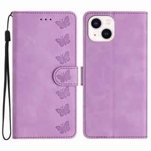 For iPhone 14 Seven Butterflies Embossed Leather Phone Case(Purple)