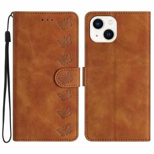 For iPhone 14 Plus Seven Butterflies Embossed Leather Phone Case(Brown)