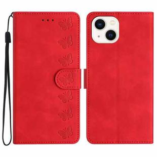 For iPhone 14 Plus Seven Butterflies Embossed Leather Phone Case(Red)